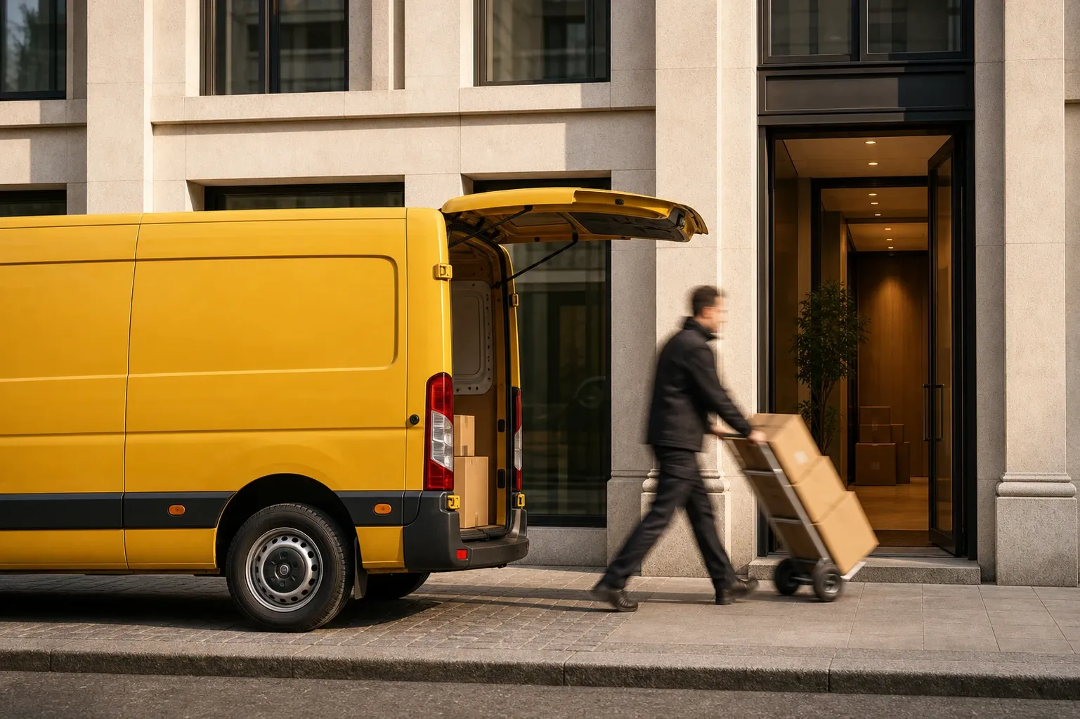 Lieferung vor einem Gebäude – der Weg einer Marke in den Schweizer Markt.