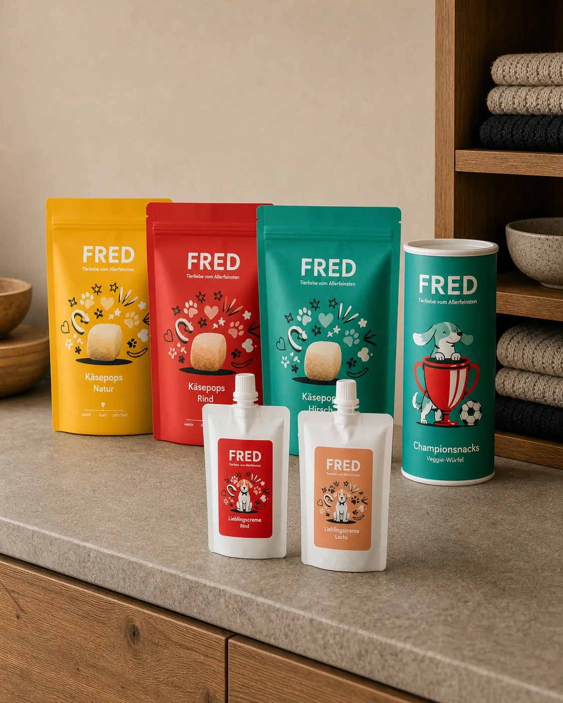 Fred & Felia Snacks und Lieblingscreme auf Stein und Holz in weichem Tageslicht