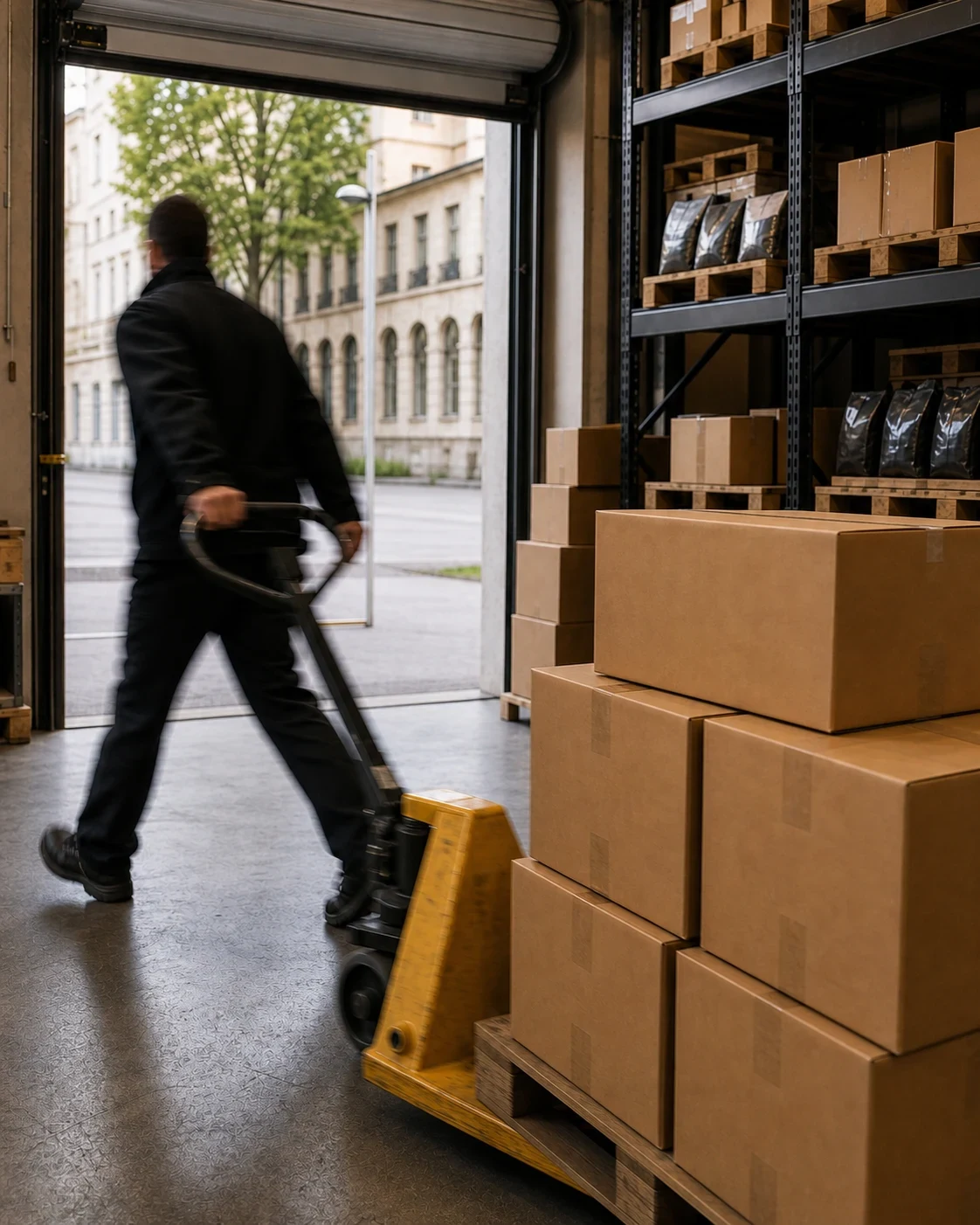 Mitarbeiter bewegt mit einem gelben Hubwagen neutrale Versandkartons in einem Lager