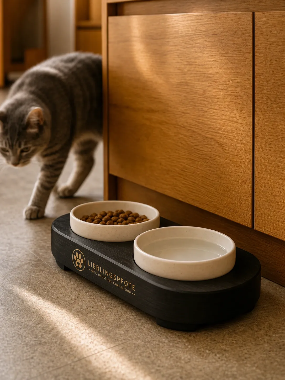 Keramiknäpfe auf einer niedrigen Holzstation mit unscharfer Katze im Hintergrund