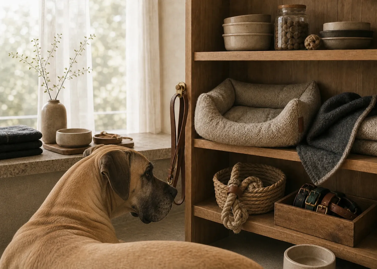 Hund vor einem hellen Boutique-Regal mit Hundebett, Leinen und Zubehör